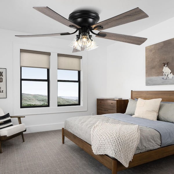 Aesthet 52 in. Indoor Matte Black Farmhouse Rustic Ceiling Fan with Glass Light Fixture, 5 Blades, 6-Speed DC Motor