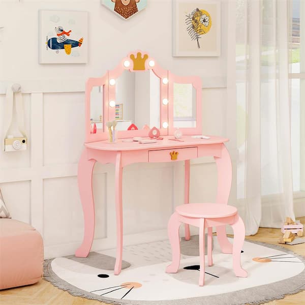 Kids Vanity Set Princess Vanity Table and Chair Set with Lighted Mirror Pink