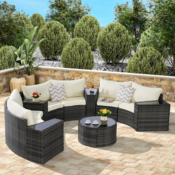 Sudzendf 11-Piece Half-Moon Metal Round Patio Conversation Set with Beige Cushions and Tempered Glass Round Coffee Table