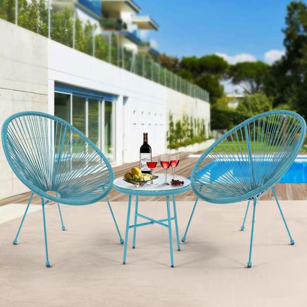 Tunearary 3-Piece Outdoor Small Living Room Patio Talking Blue PE Rattan Chair Set Set with Coffee Table