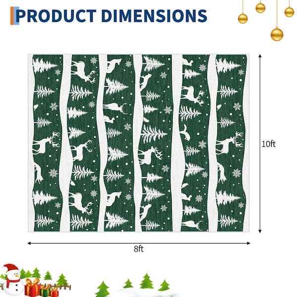 8 ft. x 10 ft. Green Christmas Washable, with Xmas Tree, Reindeer, Non-Slip Backing, Foldable, for Living Room Area Rug