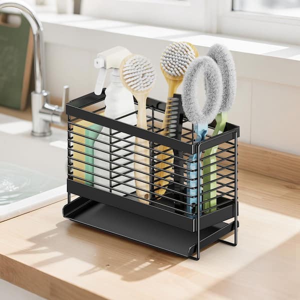 Black Stainless Steel Utensil Holder with Automatic Drain Tray Kitchen Counter Cutlery Organizer 1 Piece