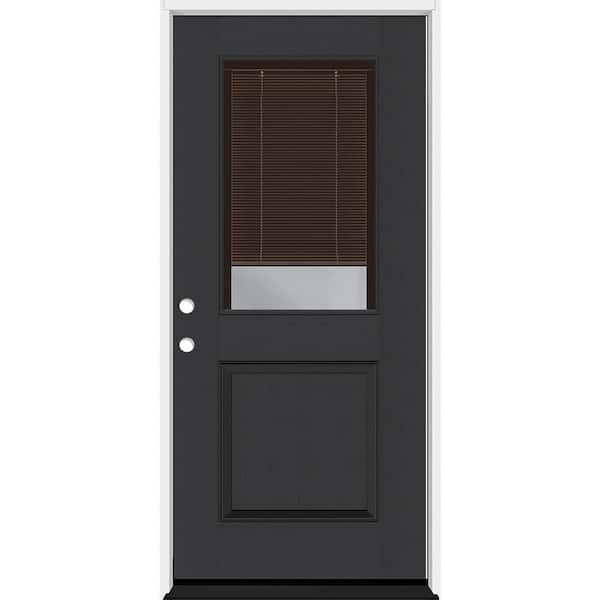 Legacy 30 in. x 80 in. 1/2-Lite Clear Glass Mocha Miniblind RHIS Black Finish Fiberglass Prehung Door w/4-9/16 in. Jamb