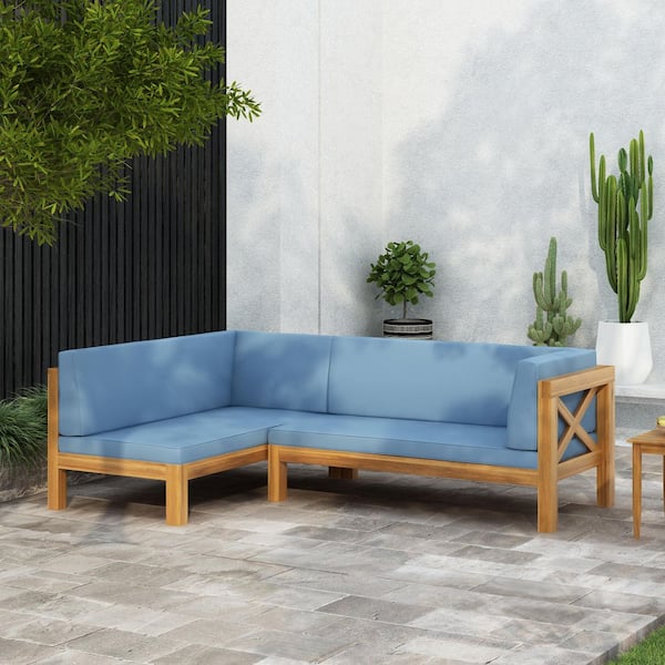 Jalice Right Arm 2-Piece Solid Wood Outdoor Couch Patio Corner Sofa with Blue Cushions, Teak Finish