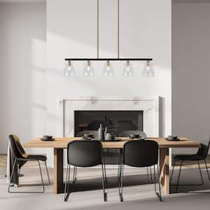 38 in. Large Modern Brass Hanging Light, 5-Light Black Island Chandelier for Dining Room with Bell Clear Glass Shades