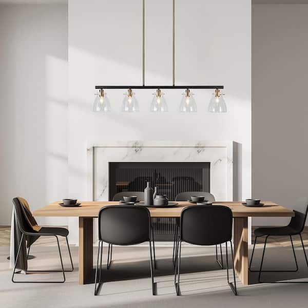 38 in. Large Modern Brass Hanging Light, 5-Light Black Island Chandelier for Dining Room with Bell Clear Glass Shades