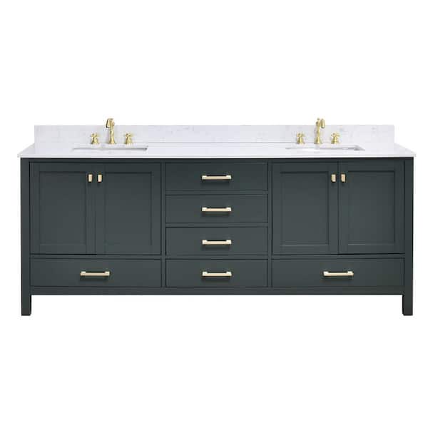 Enlivena 84 in. Double Sink Freestanding Forest Green Bath Vanity with White Engineered Stone Top