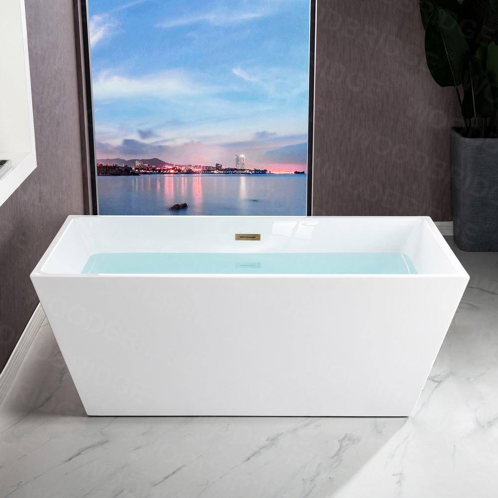 59'' White Acrylic Freestanding Rectangular Bathtub with Brushed Gold Trim