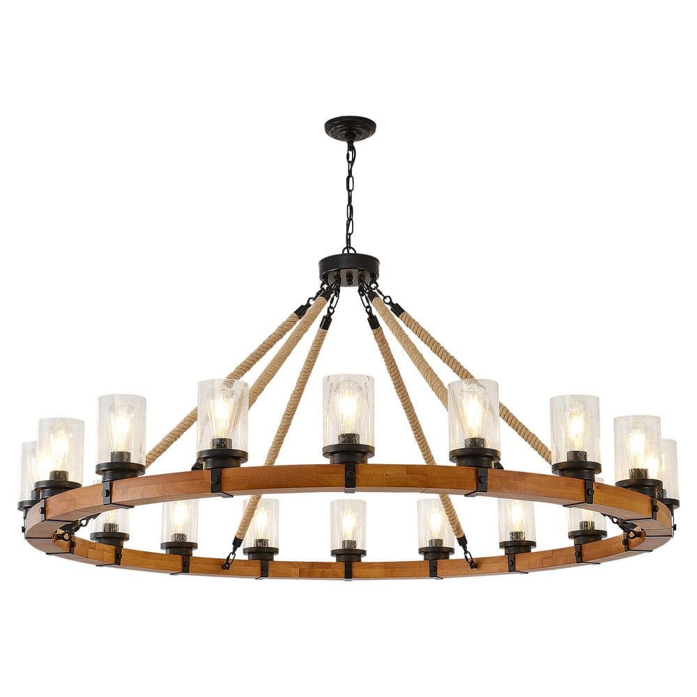 60.7 in 18-Light Matte Black and Wood Rustic Wagon Wheel Chandelier with Seeded Glass Shade(Bulbs Not Included) price history on PriceWatchPro