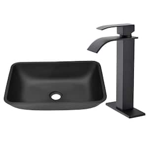 18 in. Matte Black Rectangular Glass Vessel Sink with Bathroom Faucet and Pop-Up Drain