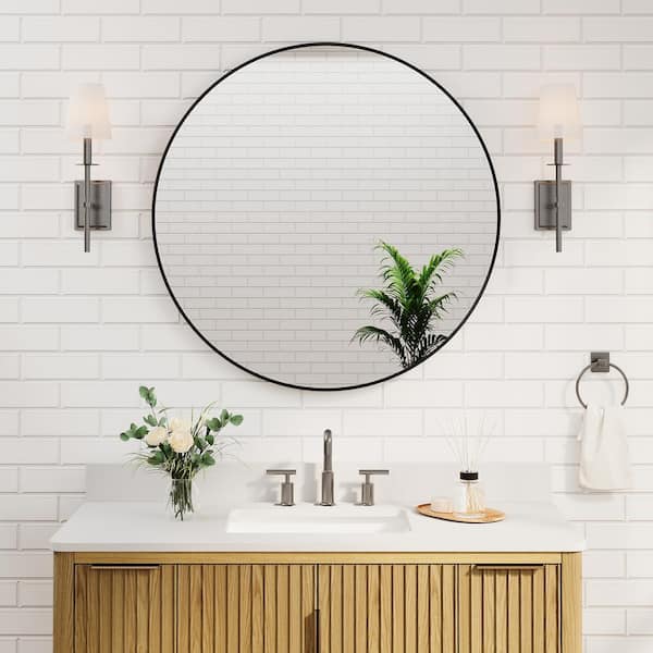 WELLFOR Bella 36 in. W x 36 in. H Round Aluminum Framed Wall-Mounted Bathroom Vanity Mirror in Matte Black