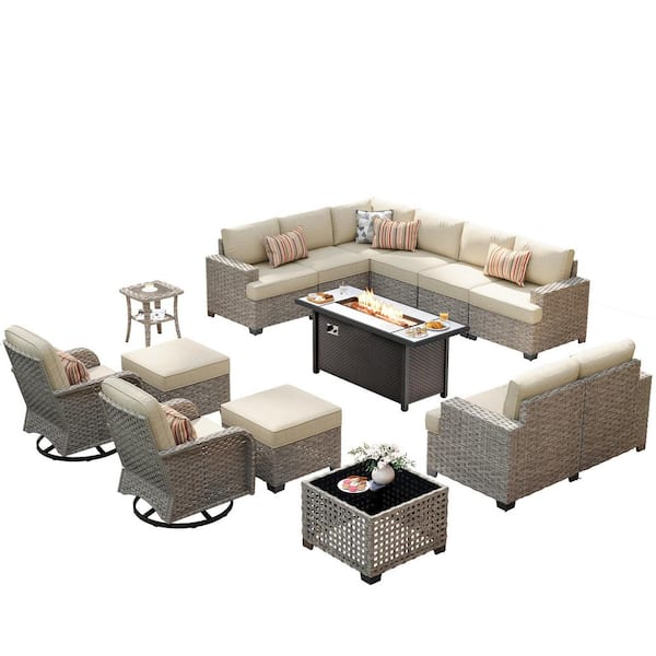 Jubilation 15 Pieces Wicker Outdoor Patio Rectangular Fire Pit Set and Swivel Rocking Chairs with Beige Cushions