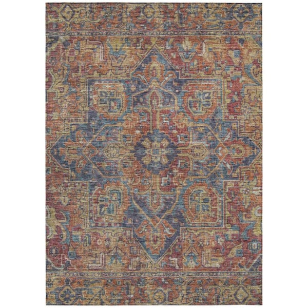 HomeRoots Red Orange and Blue 9 ft. x 12 ft. Woven Oriental Rectangle Indoor/Outdoor Area Rug