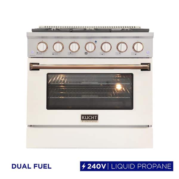 36 in. 5.2 cu. ft. LP Ready Dual Fuel Range with Gas Stove and Electric Oven in White with Gold Handle