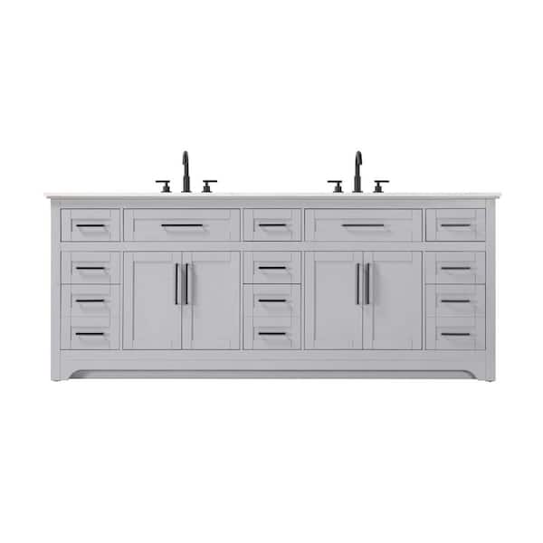 84 in. Double Sink Freestanding Grey Bath Vanity with Marble White Engineered Marble Top