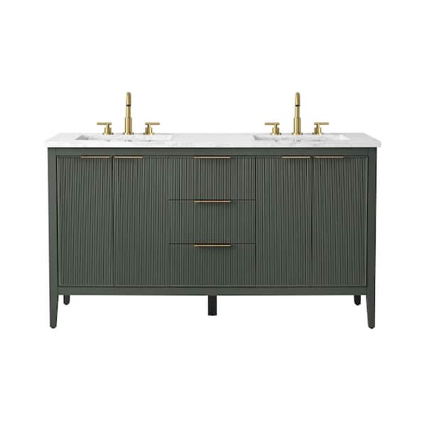 Emma 60 in. W Bath Vanity in Vintage Green with Engineered Stone Top in Arabescato with White Sinks