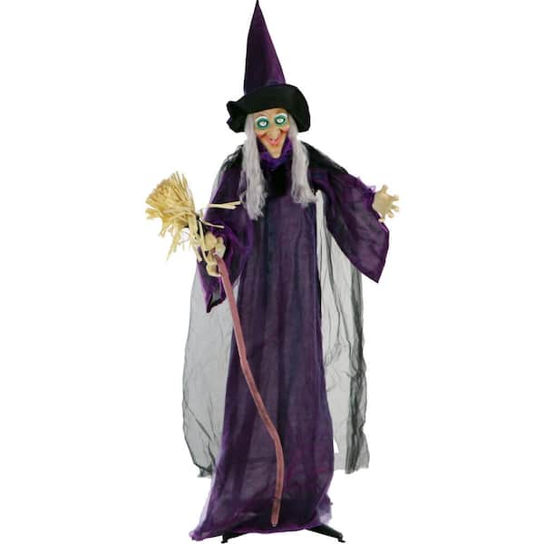 Haunted Hill Farm 6 ft. Animatronic Talking Witch with Broomstick Halloween Prop, w/ Rotating Body for Indoor/Outdoors, Battery-Operated