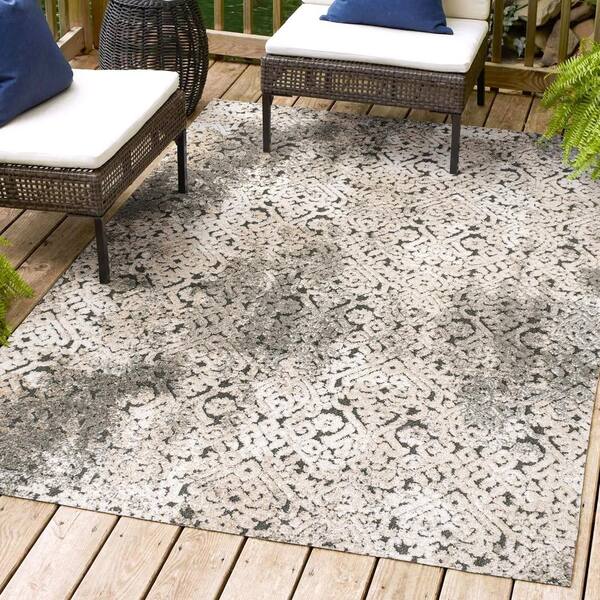 Duenas High-Low Shabby Damask Cream/Beige/Dark Gray 8 ft. x 10 ft. Indoor/Outdoor Area Rug