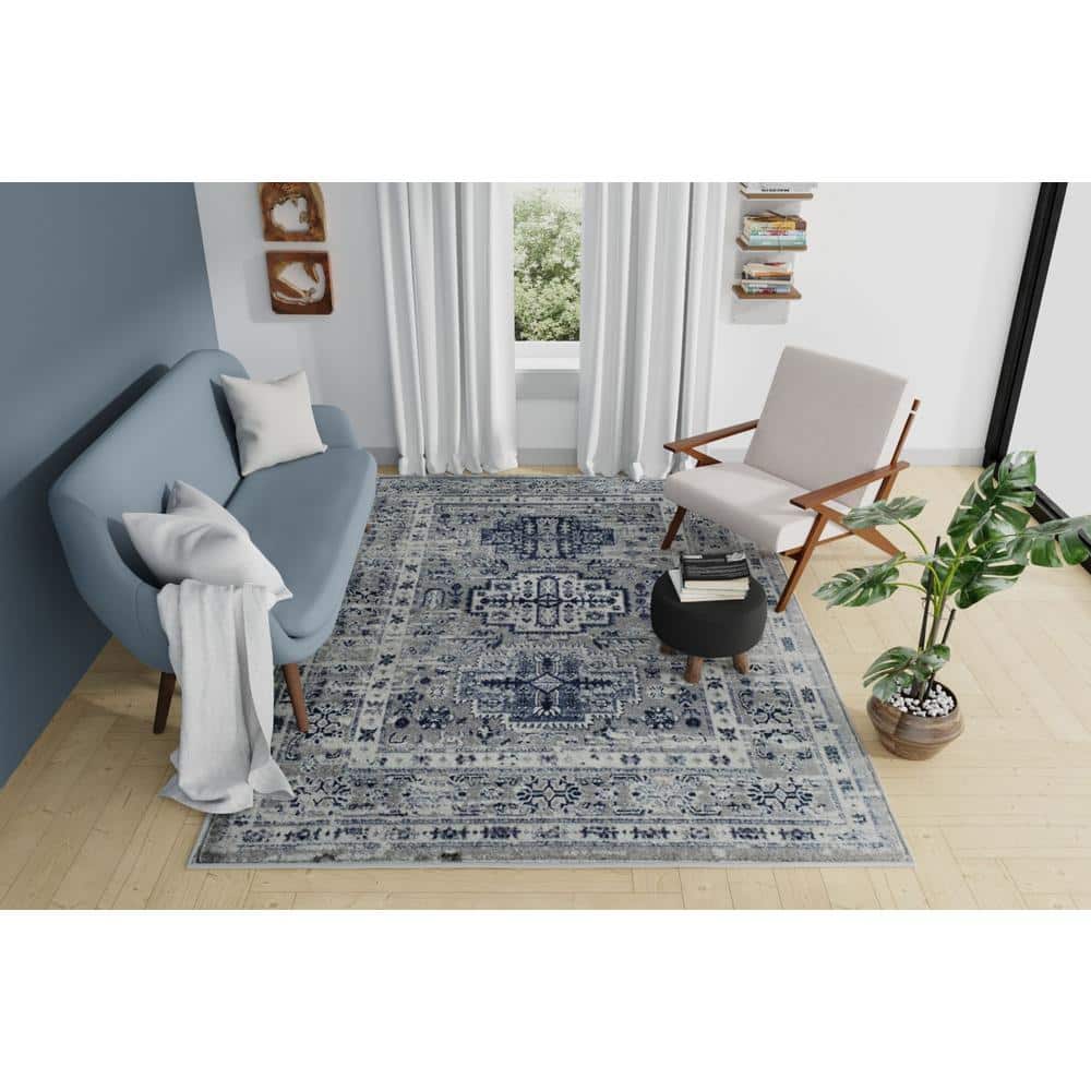 Gray and Navy Floral Synthetic Area Rug, 5'3" x 7'