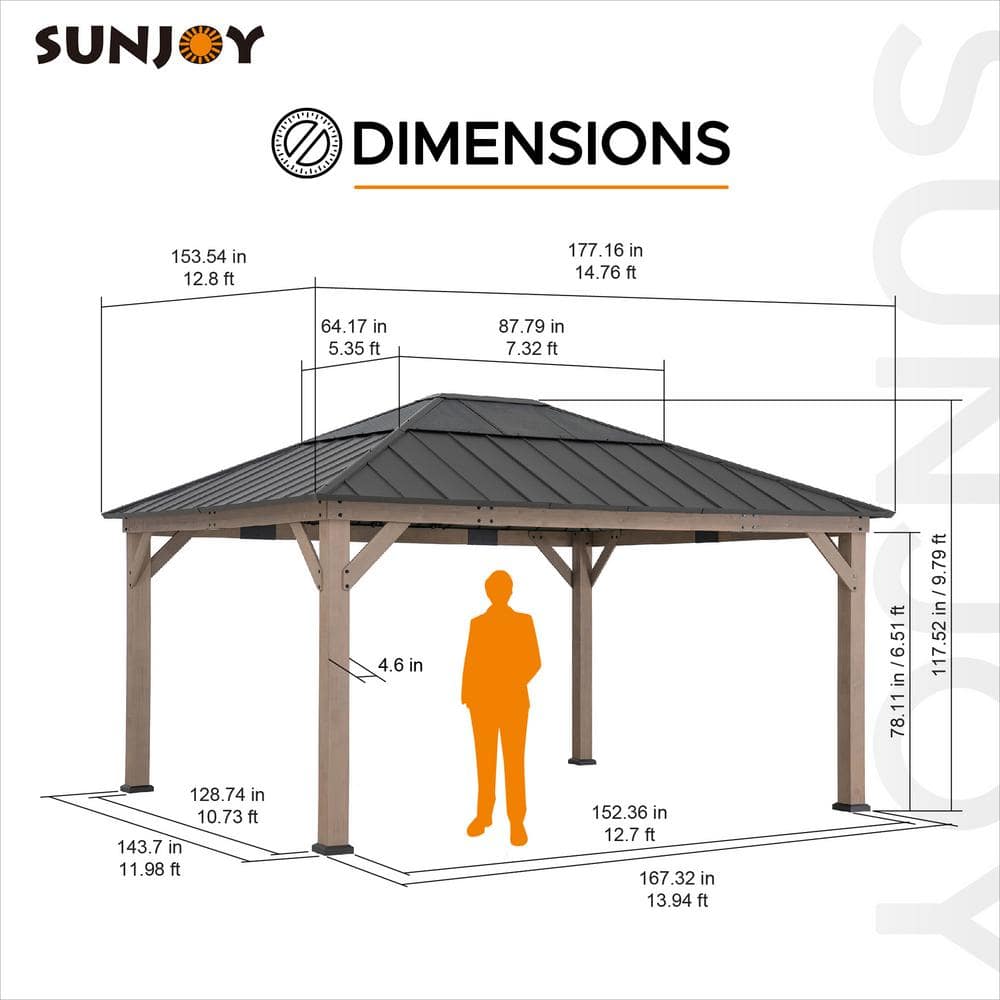 Sunjoy 13 x 15 ft Cedar Wood Gazebo with Dark Brown Steel Roof