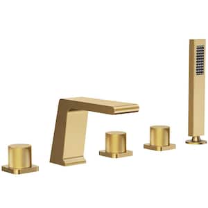 Bathtub Faucet 3-Handle Deck Mount Roman Tub Faucet with Handheld in Brushed Gold Valve Included