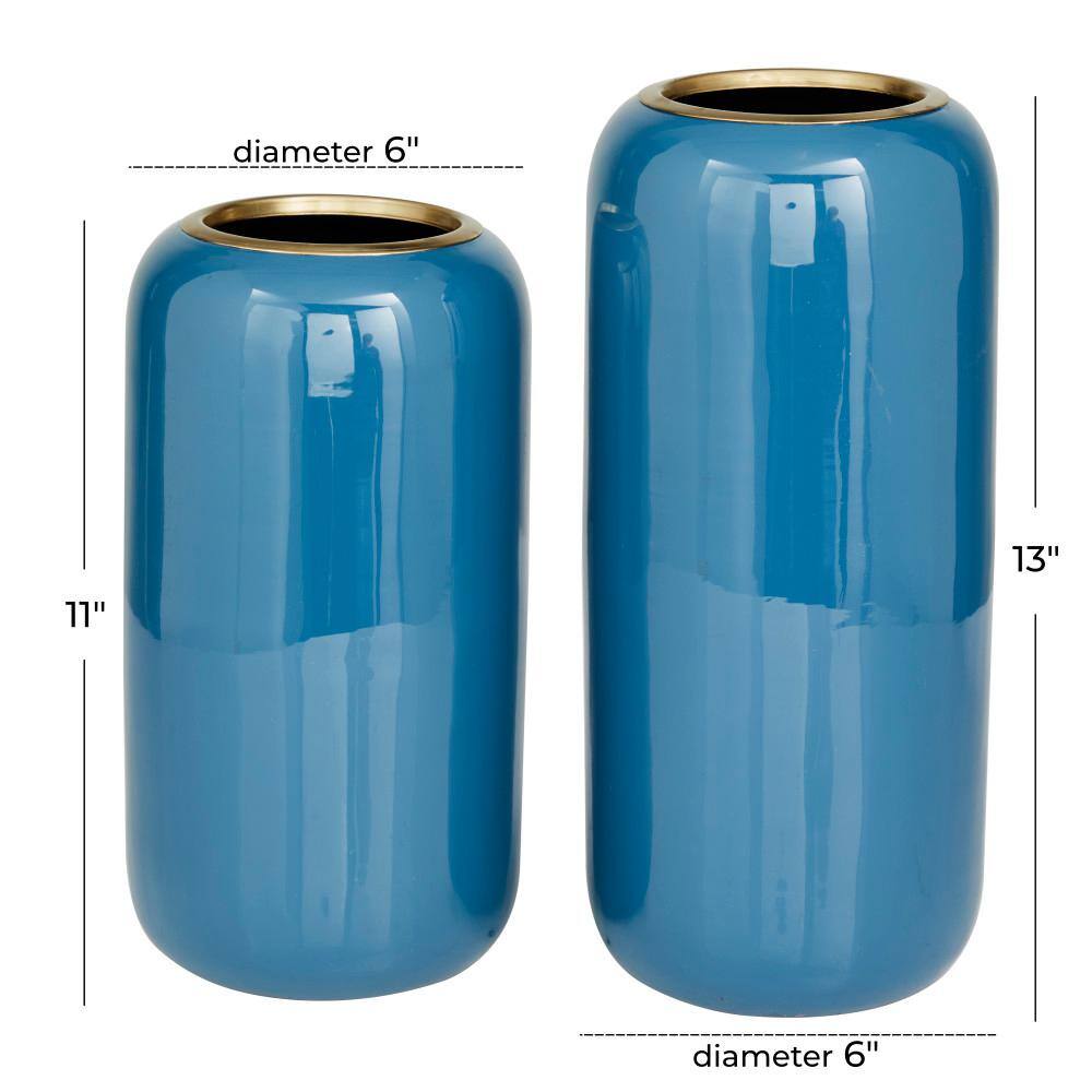 Blue Solid Polished Metal Round Vase Set of 2 - Modern Indoor Decor
