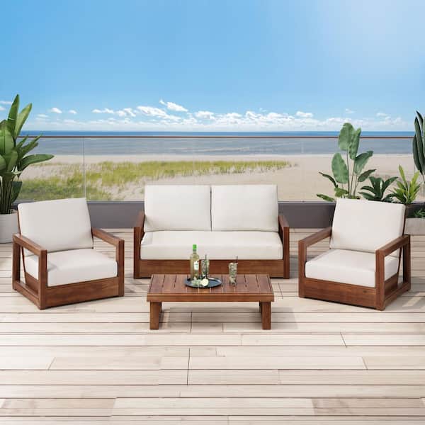 Westchester Mocha 3-Piece Solid Wood Outdoor Patio Conversation Set with Beige Cushions