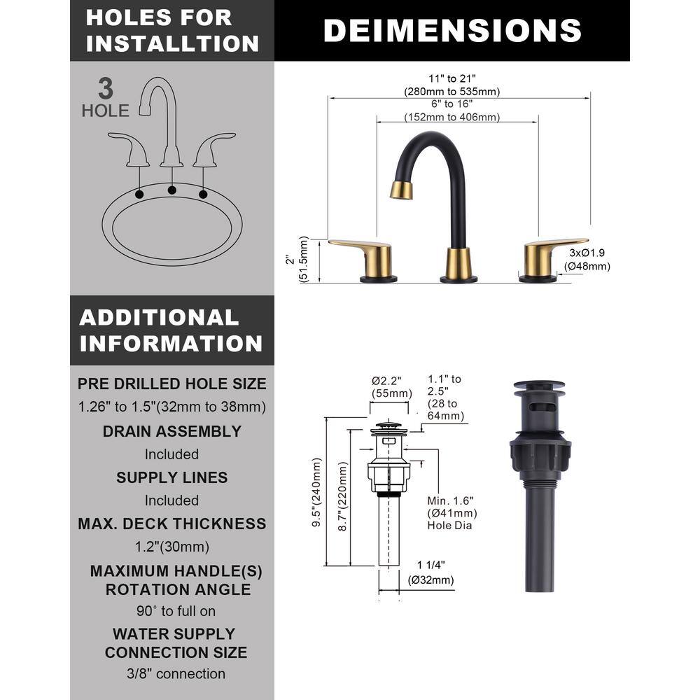8-Inch Black and Gold Double Handle Widespread Bathroom Faucet
