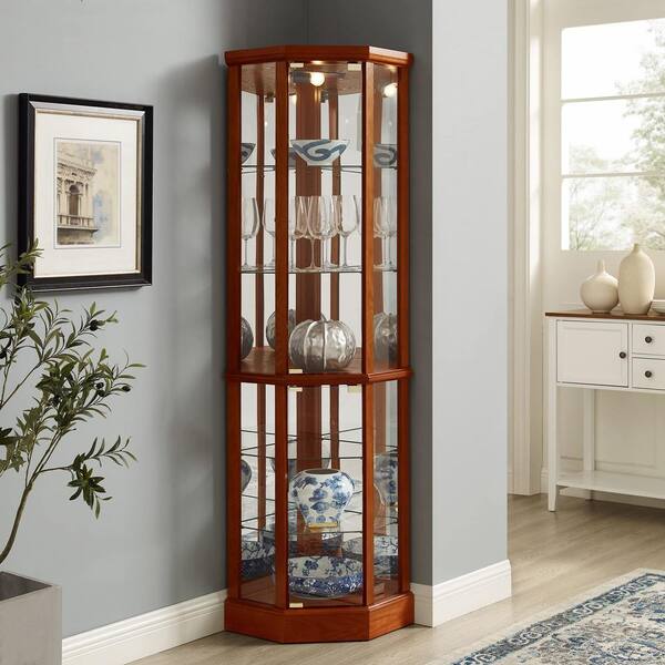 Corner Curio Cabinet Oak 70 in. H Lighted Glass Display Cabinet with 6 Shelves Floor Standing Corner Storage Rack P925 ZT W1693 The Home Depot