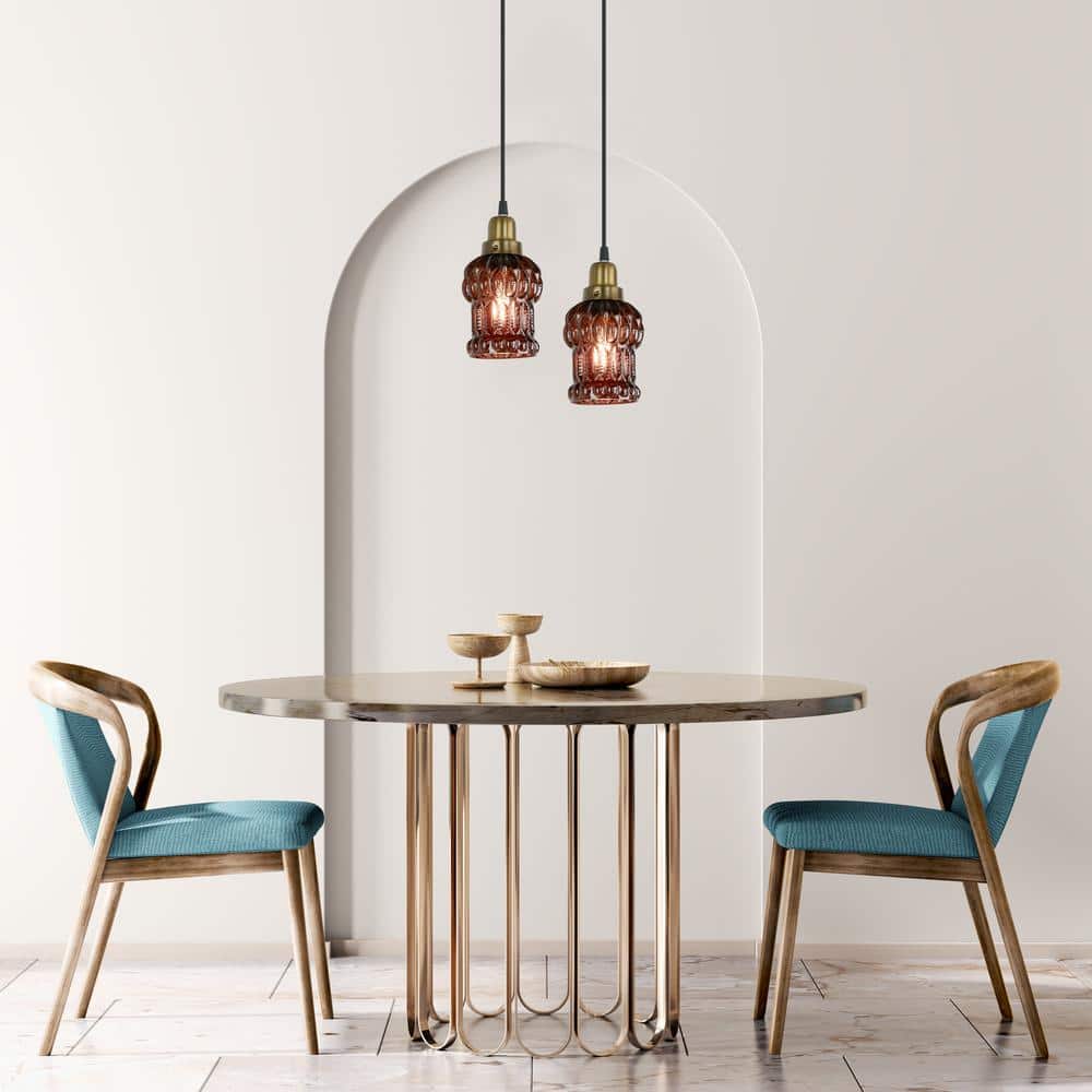 Brown Textured Glass and Gold Metal Pendant Light