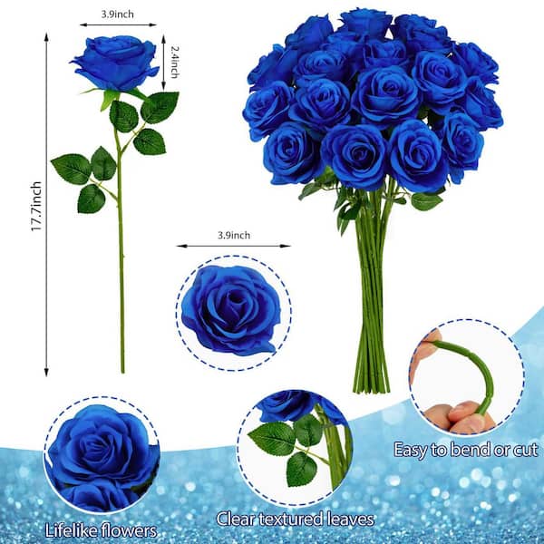 17.7 in. 20-Piece Blue Indoor Artificial Roses Silk Flowers