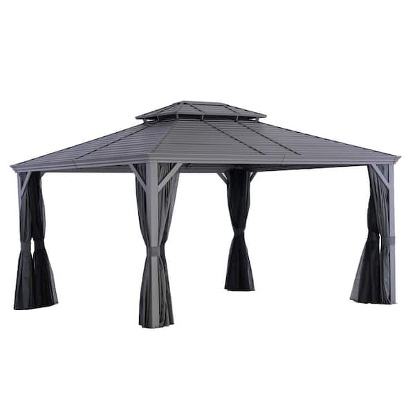 UNISOAR 12 ft. x 14 ft. Light Gray Aluminum Hardtop Gazebo with Double Roof Canopy, Gray Curtains and Netting