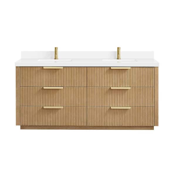 Santarem 72 in.W x 22 in.D x 34 in.H Double Sink Bath Vanity in Washed Ash Grey with Pure White Quartz Stone Top