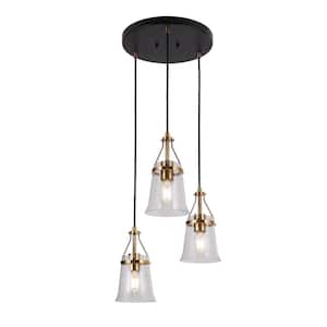 Modern 3-Light Black and Brass Cluster Chandelier for Bedroom with Bell Seeded Glass Shades and No Bulbs Included