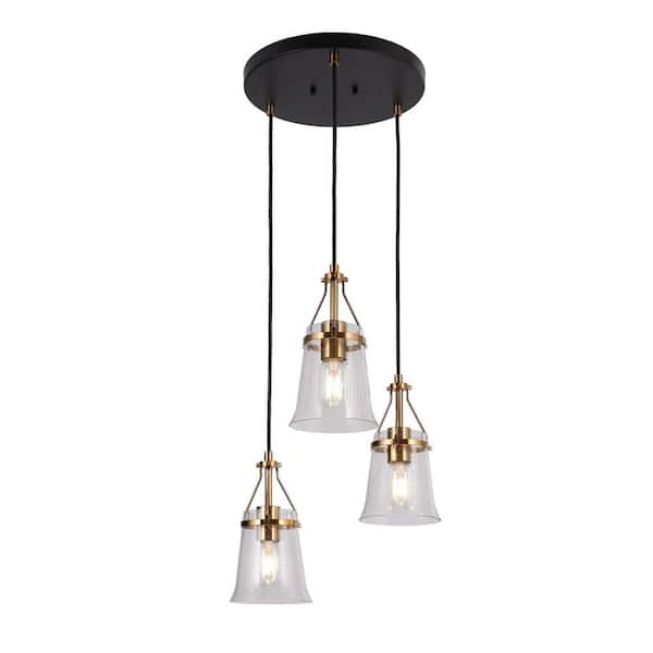 LNC Modern 3-Light Black and Brass Cluster Chandelier for Bedroom with Bell Seeded Glass Shades and No Bulbs Included