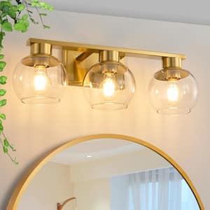 7.68 in. 3-Light Gold Bathroom Vanity Light with Clear Glass Shades, Bulbs not Included