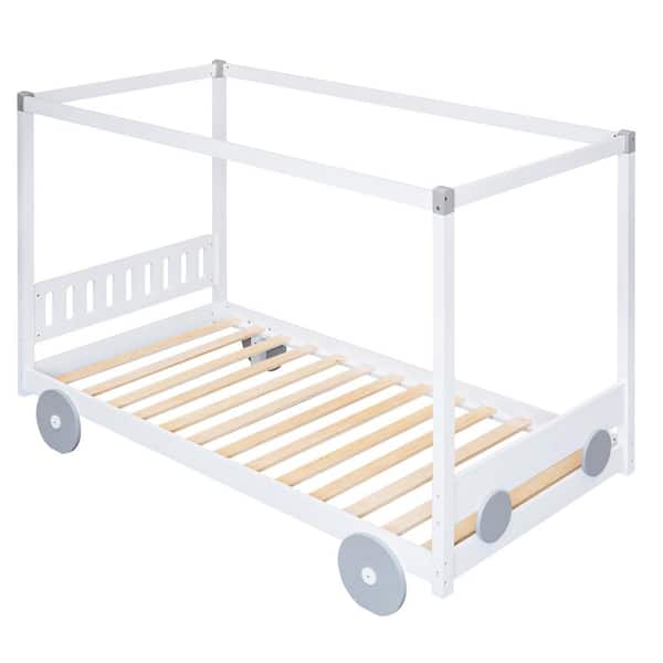 Angel Sar White and Gray Wood Twin Canopy, Kids Car-Shaped Platform Bed with Four Wheels