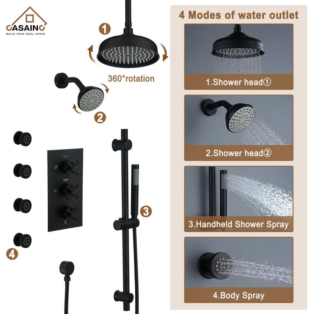 Matte Black Adjustable Dual Shower Head System with Body Jets