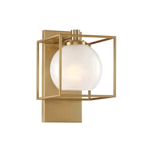 Cowen 6.75 in. 1-Light Brushed Gold Mid-Century Modern Vanity with Etched Glass Shade