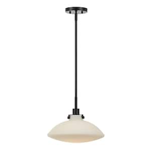 1-Light Blackened Bronze Schoolhouse Pendant Light with Frosted Opal Glass Shade