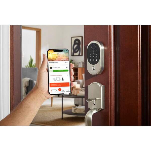 Round Fingerprint Satin Nickel Electronic Single Cylinder Deadbolt Wi-Fi Enabled Powered by Hubspace