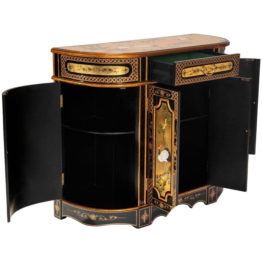 Gold Lacquer Hand-Painted Cranes Solid Wood Accent Cabinet