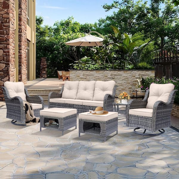 Gray 6-Piece Wicker Outdoor Patio Conversation Rocking Chairs Sofa Set with Beige Cushions and Ottomans