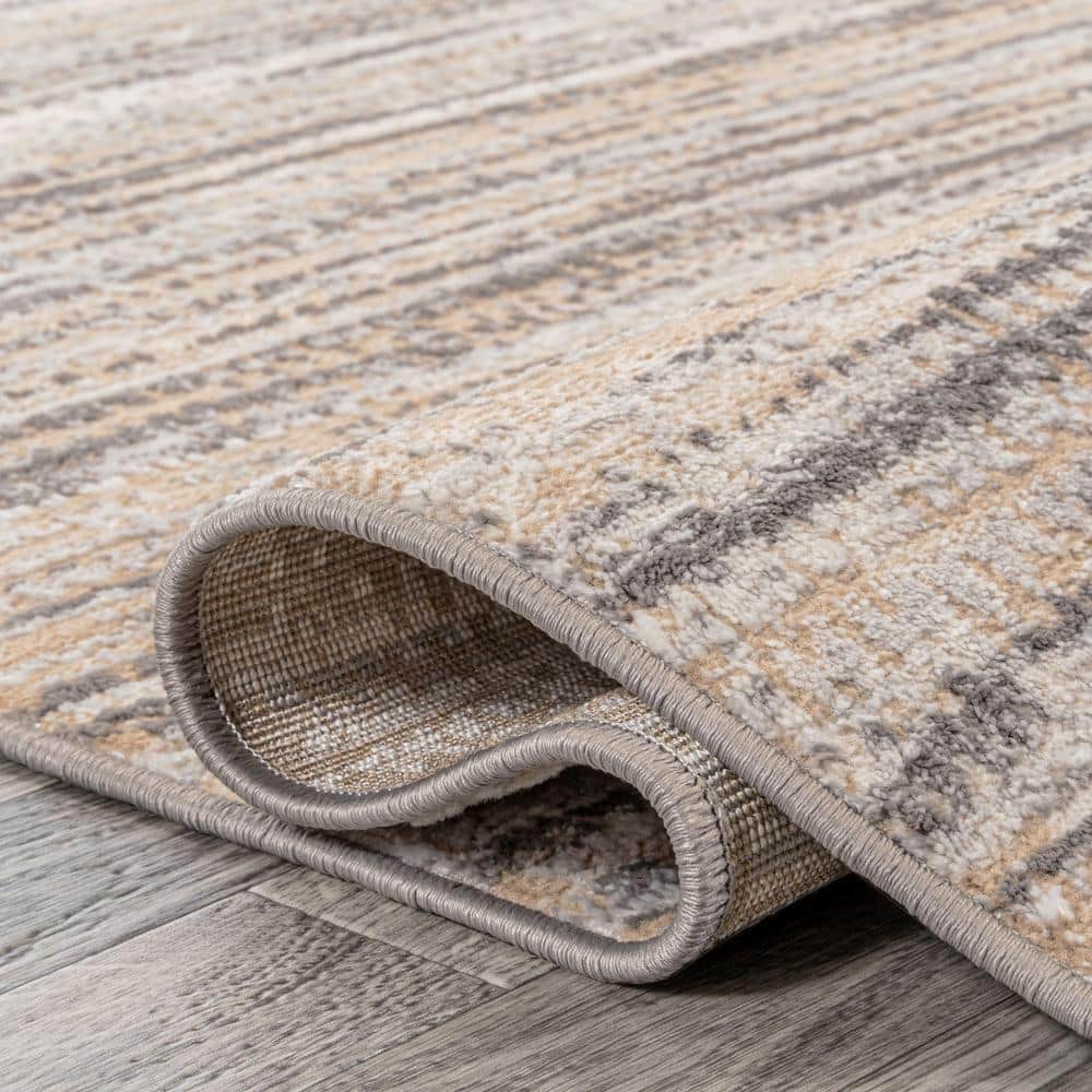 Beige and Gray Striped Synthetic Reversible Area Rug