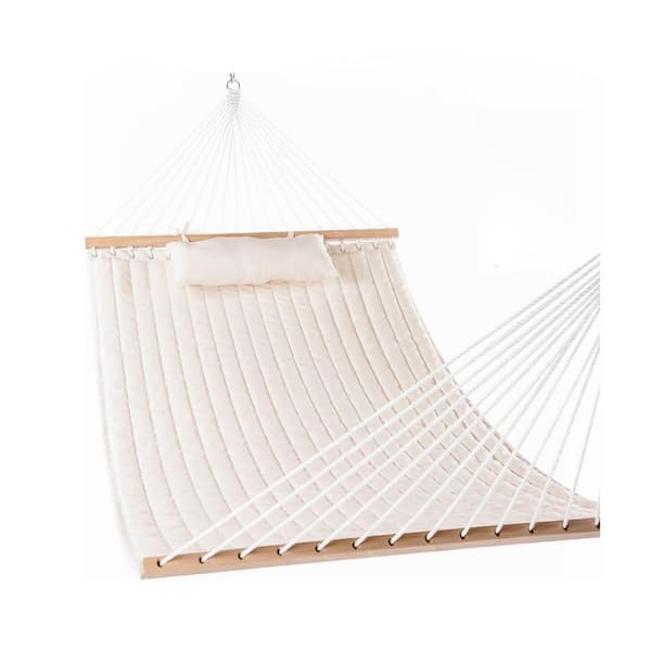 12 ft. Portable Hammock Bed Double Hammock with Spreader Bar and Pillow in Beige