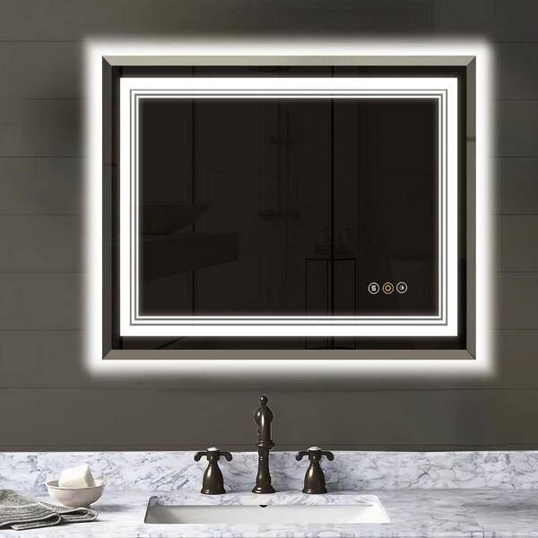 30 in. W x 36 in. H White Rectangular Beveled Frameless Dimmable LED Anti-Fog Memory Wall Mount Bathroom Vanity Mirror