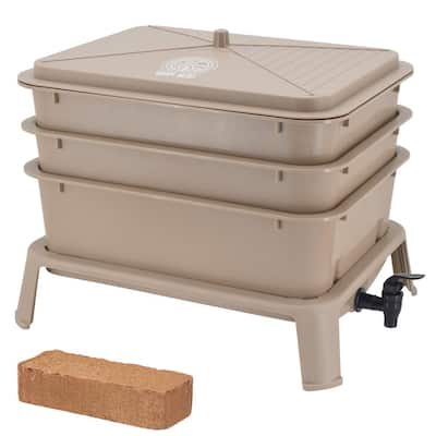 Mya Worm Nerd Small Tan 4-Tray Worm Composting Bin Kit with Coco Coir Brick