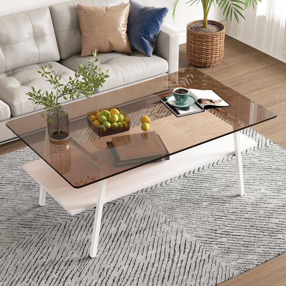38.58 in. Modern Rectangle Tempered Brown Glass Coffee Table, White Metal Legs & MDF Base for Living Room - rated 5 stars from 1 reviews