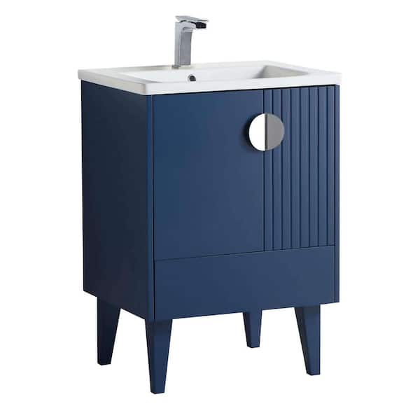 FINE FIXTURES Venezian 24 in. W x 18.11 in. D x 33 in. H Bathroom Vanity Side Cabinet in Navy Blue with White Ceramic Top