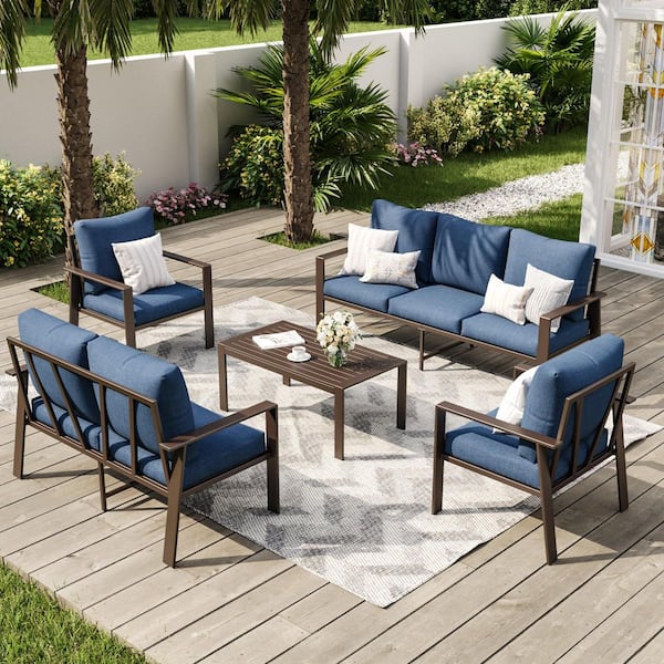 5-Piece Metal Patio Conversation Set with Navy Cushions